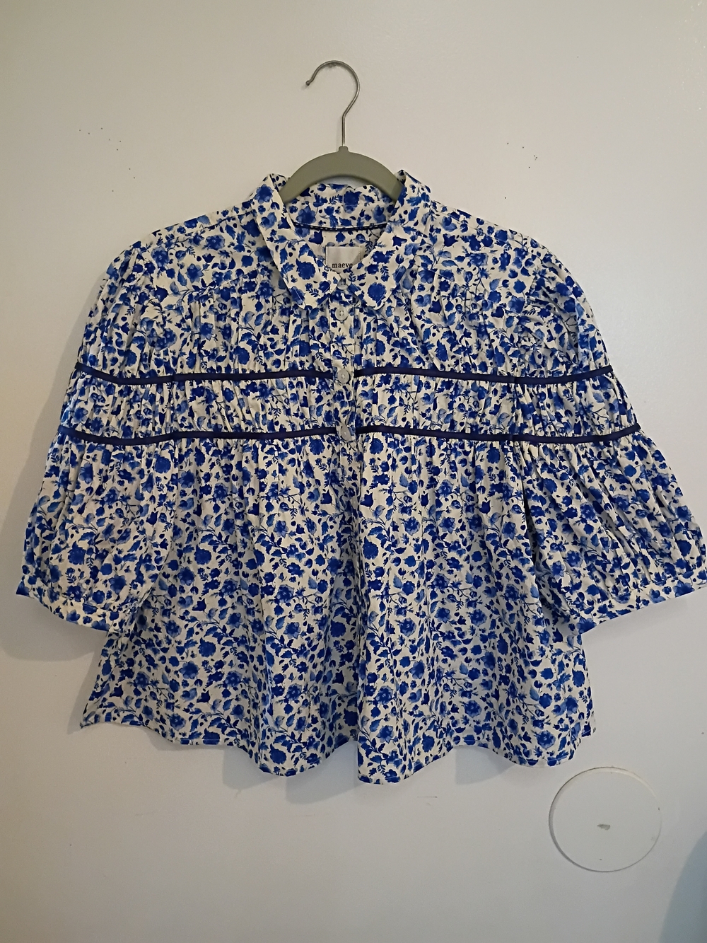 Maeve Anthropologie The Leandra Blouse White Blue Floral Sz XL